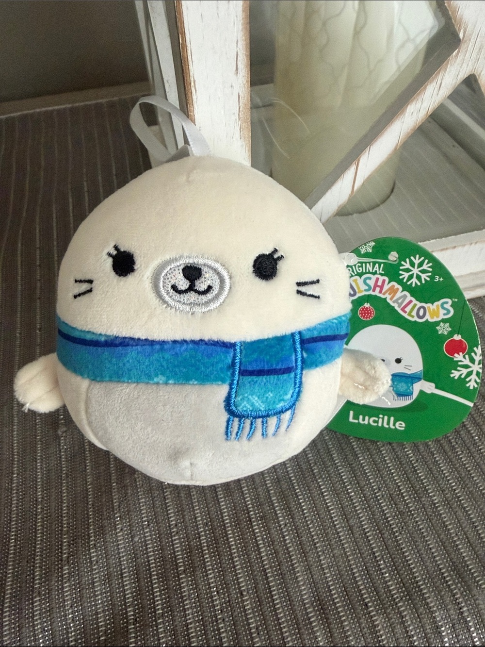 Squishmallows Lucille White Plush Seal with Blue Scarf Winter Holiday NWT